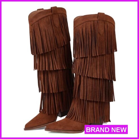 Western Knee High Boots Chunky Heel Fringe Cowgirl Pull On Pointed Toe - Picture 6 of 7